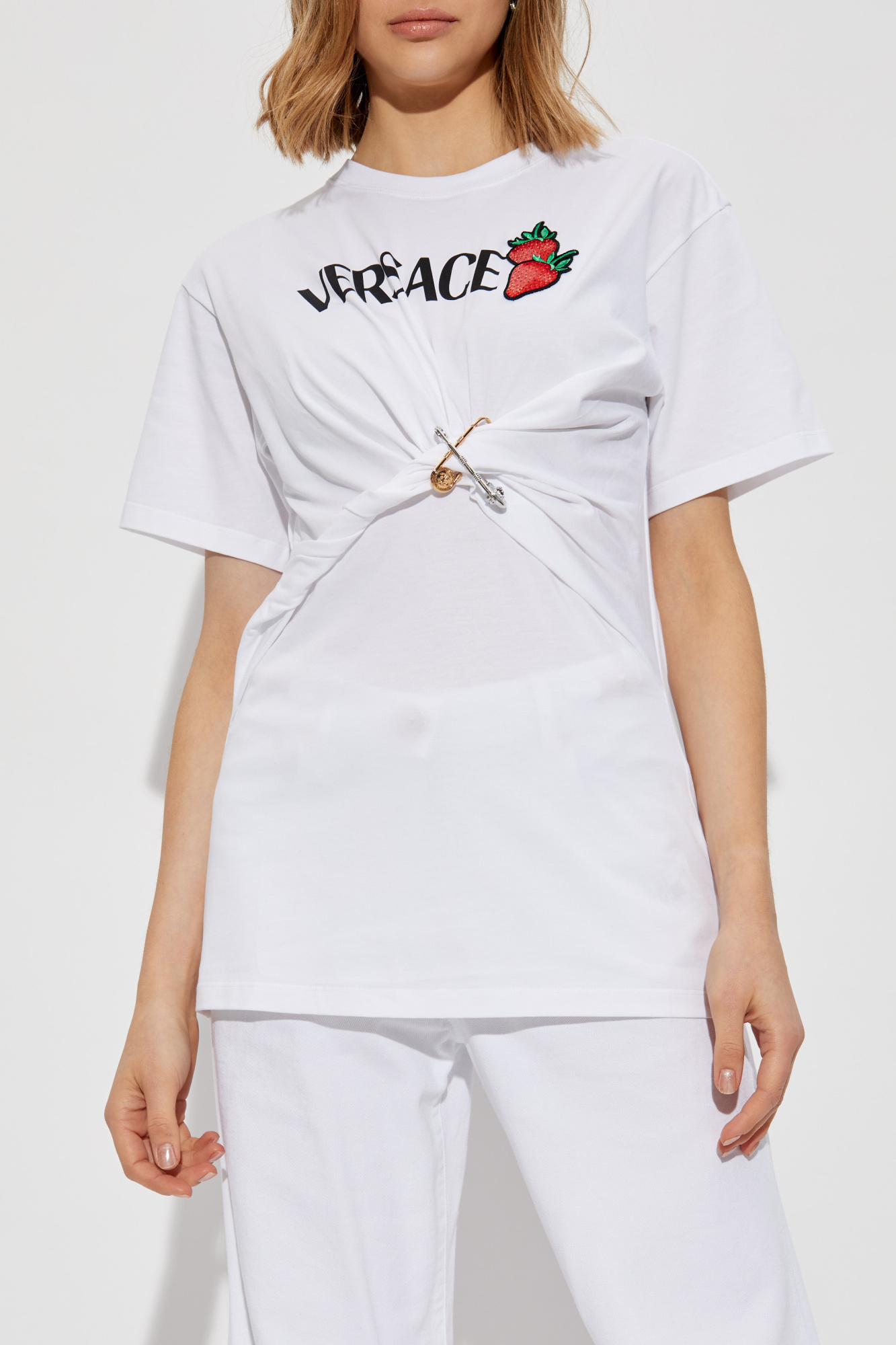 Tシャツ・カットソー VERSACE Women Tunic Tops 10189711A136141W000 WHITE White T-shirt with appliqués Versace - Vitkac GB